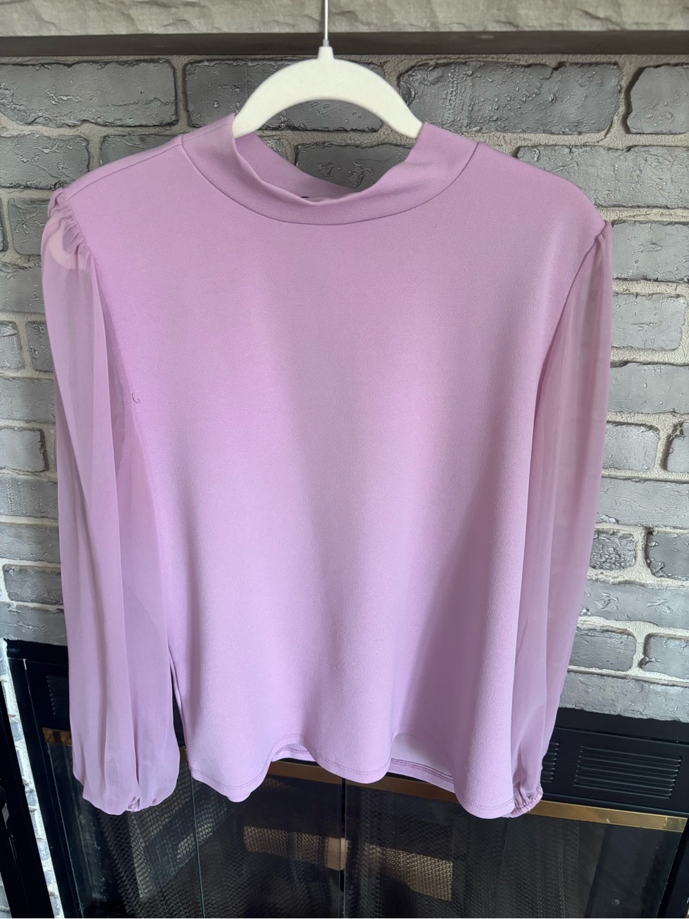 Soft Lilac Mock Neck Sheer-Sleeve Blouse
